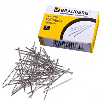 Булавки офисные BRAUBERG 24 мм 500 шт, в карт. коробке, 220562