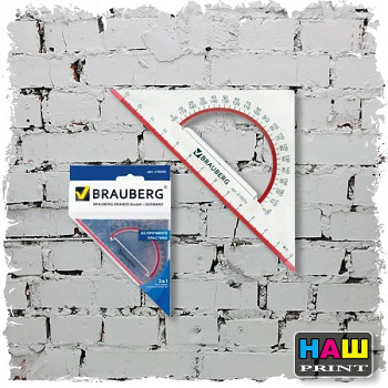 Треугольник пластик 45*13 см, BRAUBERG "Сrystal", с транспортиром, прозрач. с выдел. шкалой, 210293