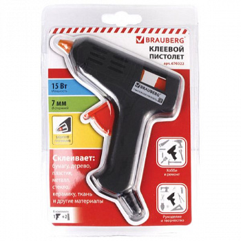 Клеевой пистолет 15Вт для стержня 7мм, BRAUBERG, в блистере, 670322