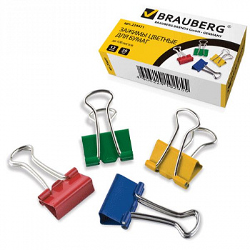 Зажимы для бумаг BRAUBERG, КОМПЛЕКТ 12шт., 25мм, на 100л., цветные, в карт.коробке, 224471