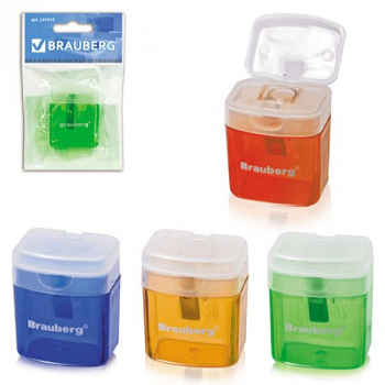 Точилка BRAUBERG "OfficeBox", с контейнером и крышкой, прямоуг., в упаковке с подв, ассорти, 222494