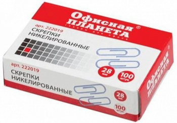 Скрепки ОФИСНАЯ ПЛАНЕТА 28 мм никелированные, 100 шт., в картонной коробке, РОССИЯ, 222019