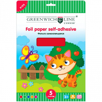 Фольга цветная самоклеящаяся, A4, Greenwich Line, 5л., 5цв., в папке с европодвесомFlpa4-07693Greenwich Line®
