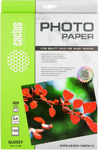 Фотобумага Cactus CS-GA4200100 A4/200г/м2/100л. глянцевая для струйной печати